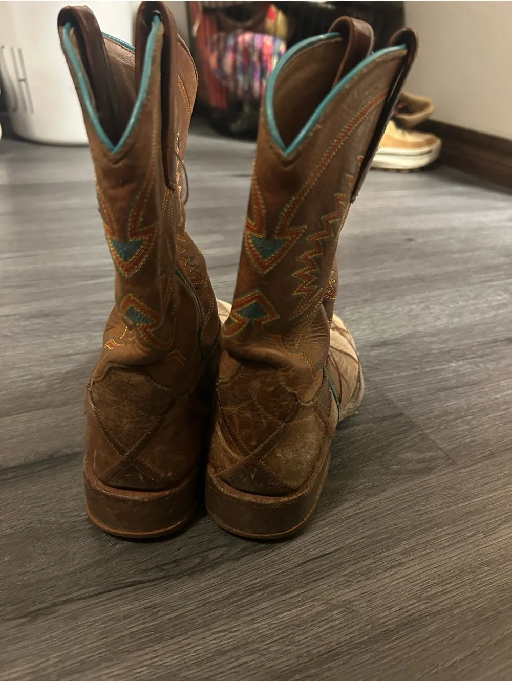 Anderson Bean Brown Kids Cowboy Boots with Turquoise Piping( left side sizing)